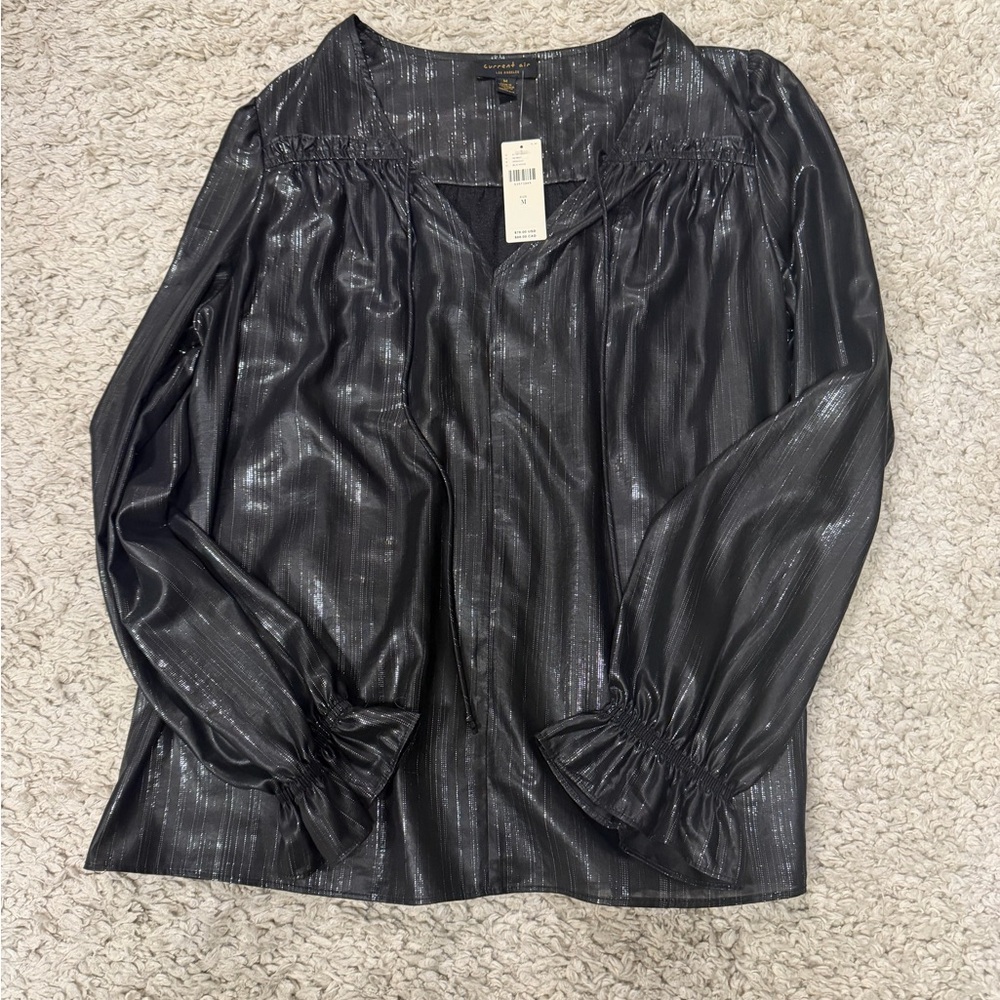 Current Air Black Metallic Stripe Peasant Top